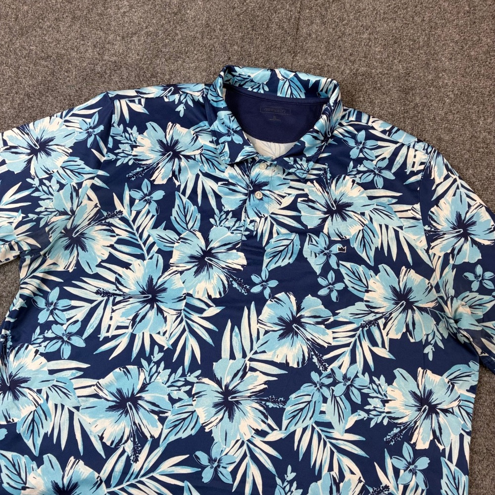 Crown & Ivy Motion Mens XL Blue White Hibiscus Floral Tropical Golf Polo Shirt